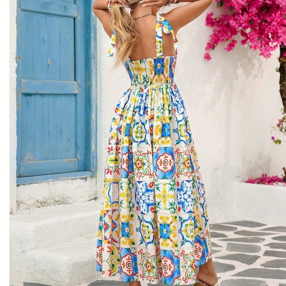Multicolor Boho Women's Woven Printed Sleeveless Ankle Dress - Picture 2 of 7